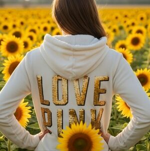 PINK VELOU Victoria's Secret White Hoodie with Gold Zipper Fur Inside Super Cozy